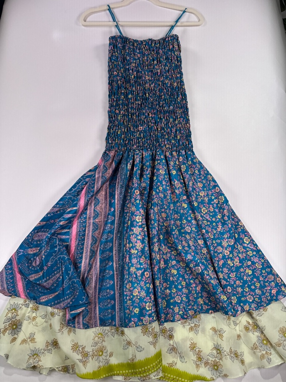 Fairycore Boho Smocked Tiered Maxi Dress Mixed Floral Silk Teal OS - Picture 2 of 12